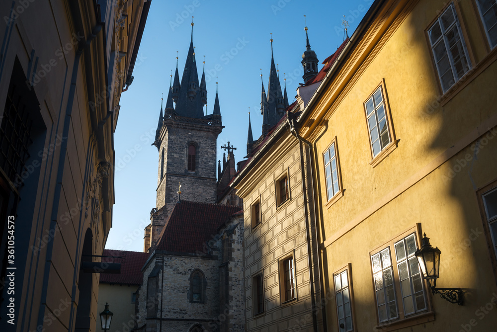 View of  Church of Our Lady before Týn stepple above old houses in Prague