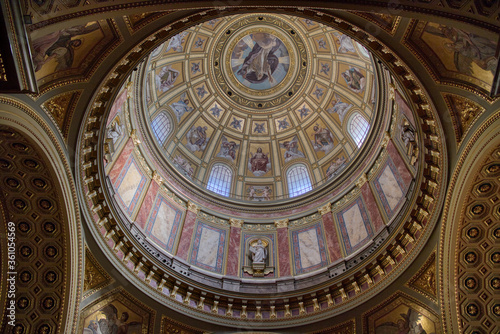 Wonderful paintings, murals and frescoes on the Dome of Catholic Cathedral in Budapest.