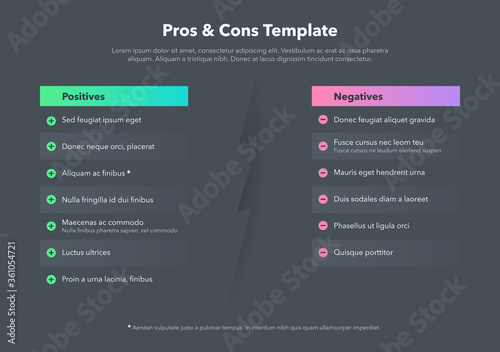 Simple infographic for pros and cons with place for your content - dark version. Easy to use for your website or presentation.