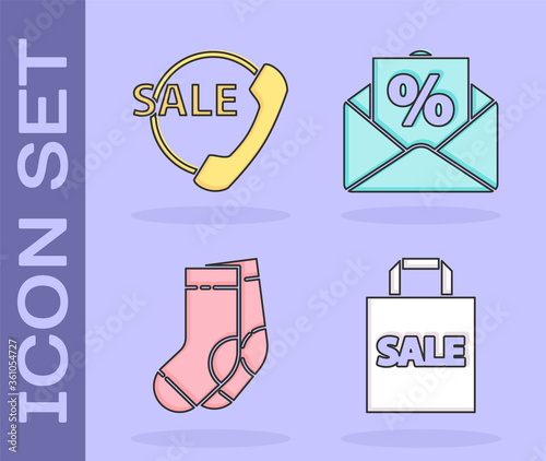 Set Shoping bag with Sale, Telephone 24 hours support, Socks and Envelope with an interest discount icon. Vector.