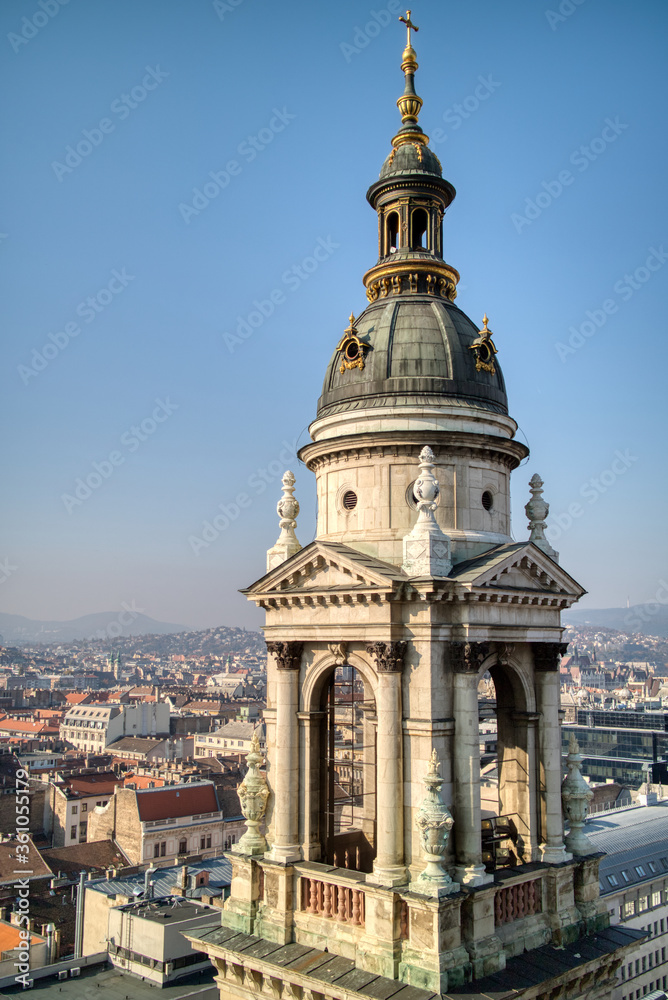 Bell tower of St. Stephen's Basilica in Budapest. Aerial view.