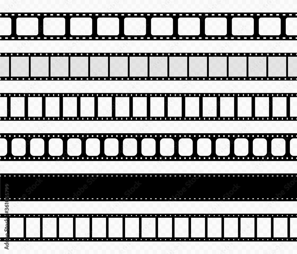 Film strip. Tape of movie for cinema. Photo, video frame. Filmstrip with borders. Seamless negative strip or roll for camera. Picture 35mm. Black retro photography. Old background for media. Vector.