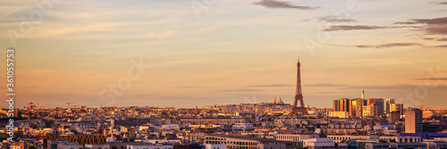 Aerial panoramic view of Paris with the Eiffel tower at sunset, France and Europe city travel concept