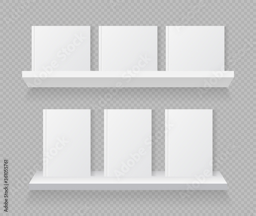 Book on shelf. Mockup of bookshelfs for library. White cover of brochure in front. Blank mock for magazine or store. Wall with showcase for bookstore, office. Stand with literature in home. Vector