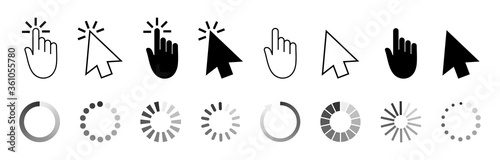 Click of mouse. Cursor icons. Pointer for computer. Arrow, hand, finger for internet button and interface of website. Web black symbols for push. Press link and wait. Digital signs for app. Vector