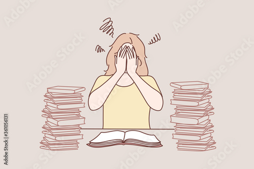 Mental stress, education, preparation, frustration, learning concept. Tired depressed frustrated woman girl student has panic attack before exam or unversity tests. Stressful time in study process.