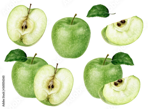 Photographie Set of Granny Smith green apple watercolor illustration isolated on white backgr