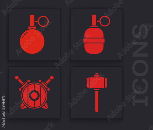 Set Battle hammer, Hand grenade, Hand grenade and Wooden shield with crossed swords icon. Vector.