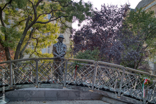 The Imre Nagy statue on a bronze walking bridge in Budapest, Hungary. photo