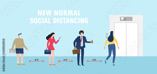 new normal lifestyle Social distancing concept with business people wearing medical masks during covid-19 or Coronavirus keep distance when waiting for elevator lift, avoid spreading illness vector