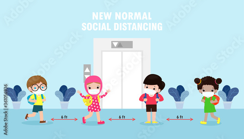 Back to school for new normal lifestyle concept. happy kids wearing face mask and social distancing protect coronavirus covid 19, group of children keep distance when waiting for elevator lift vector