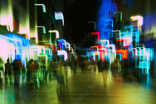 Abstract, blurred, motion photo of street with people and lights