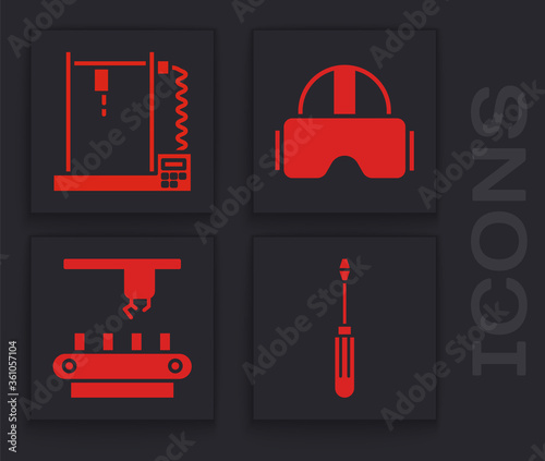 Set Screwdriver, 3D printer, Virtual reality glasses and Factory conveyor system belt icon. Vector.