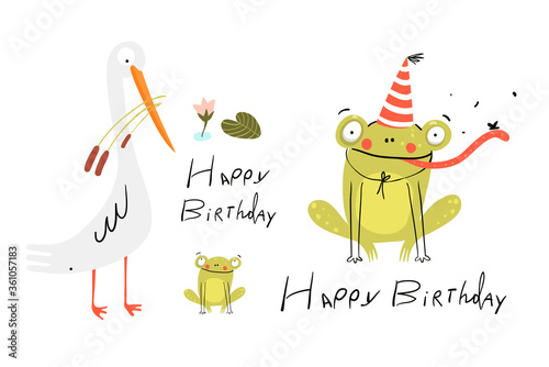 Funny cute birthday card with baby frog wearing party hat, white swamp bird and baby frog. Happy Birthday lettering hand drawn doodle design. Vector kids cartoon illustration.