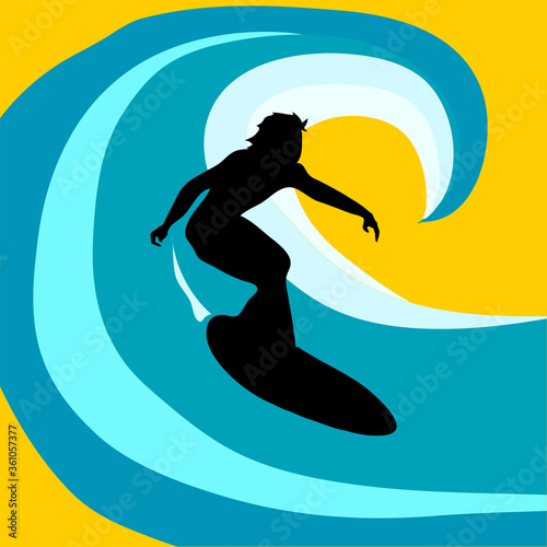 Surfer silhouette over abstract wave background