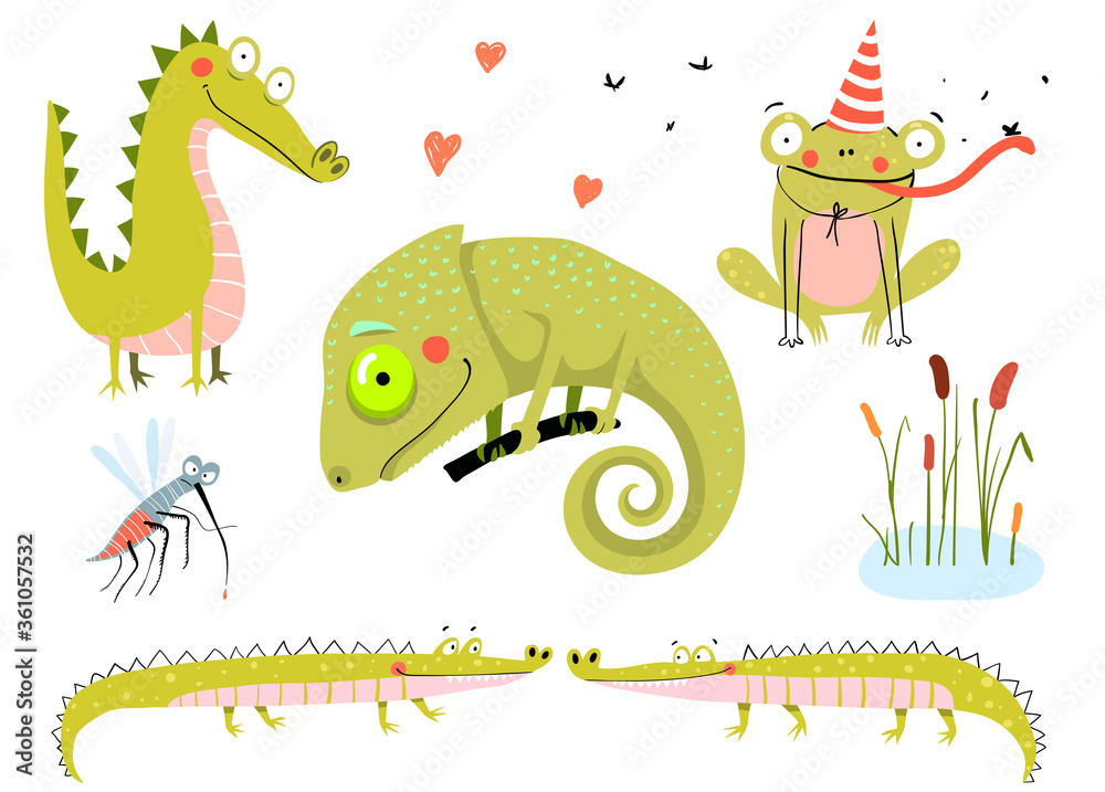 Obraz premium Reptile animals doodle drawing collection. Crocodile, chameleon, frog, mosquito. Swamp, pond or lake animals and nature. Vector hand drawn cartoon doodle illustration for kids.