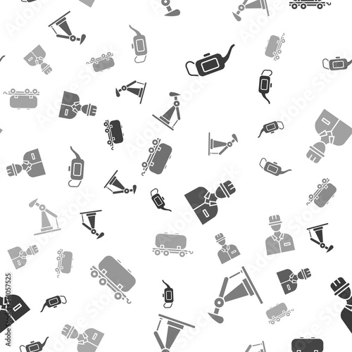 Set Canister for motor oil, Oil pump or pump jack, Oilman and Oil railway cistern on seamless pattern. Vector.