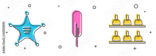 Set Hexagram sheriff, Feather pen and Jurors icon. Vector.