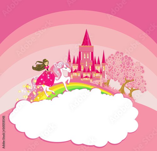 beautiful princess on a unicorn flying on a rainbow