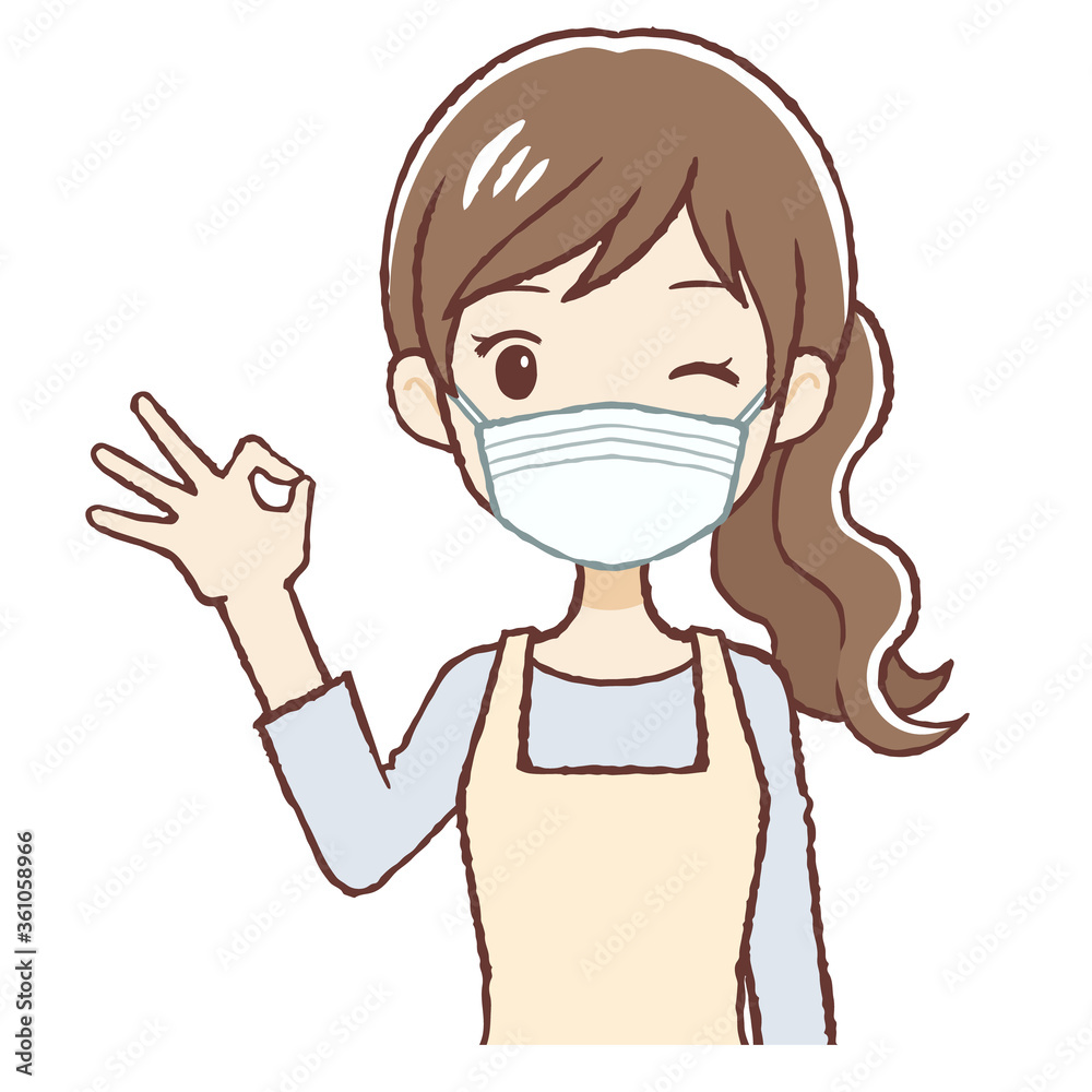 マスク着用でOKサインをだすエプロン女性 ウィンク 上半身