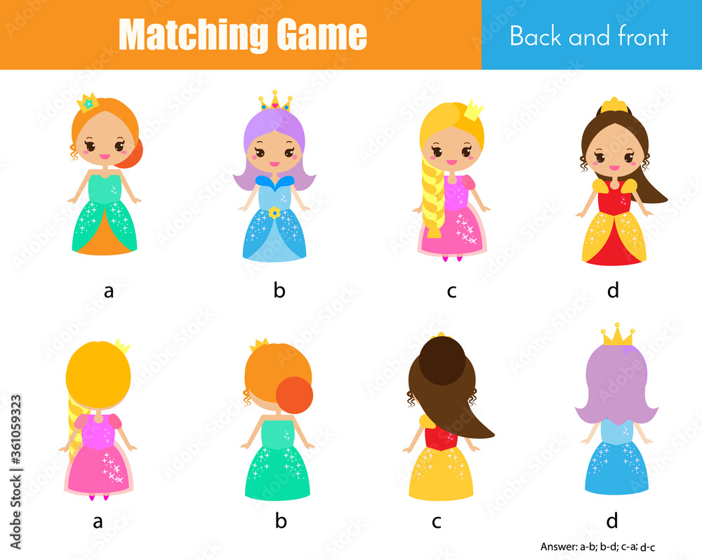 Matching game. Educational children activity with cute princess ...
