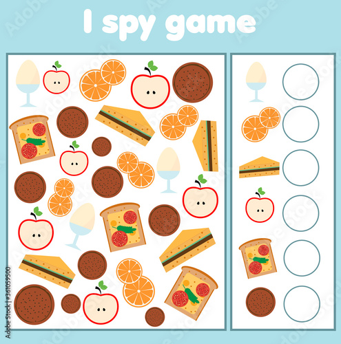 I spy game. Find and count food. Mathematics activity for kids, toddlers, children