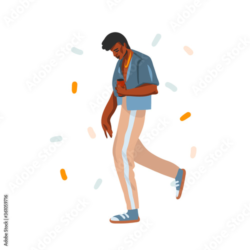 Hand drawn vector abstract stock graphic illustration with young happy urban walking black african american beauty man, in fashion outfit isolated on white background
