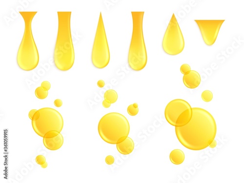 Realistic oil drops. Dripping drop, honey yellow drip. Isolated keratin or protein, fluid golden bubble. Cosmetic droplet vector set. Illustration oil yellow drip, drop liquid gold, droplet golden