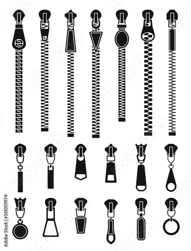 Zipper silhouettes. Textile zip pull, isolated clothes closure locks. Fashion pulling buckle, tailoring pants vector set. Zip fastener clothing, zippered, connection silhouette zipper illustration