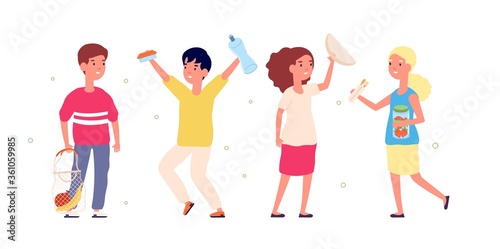 Eco friendly children. Happy kids with textile bags, reusable containers for food and bottles for water. Zero waste vector illustration. Eco friendly container, eco-friendly textile bag