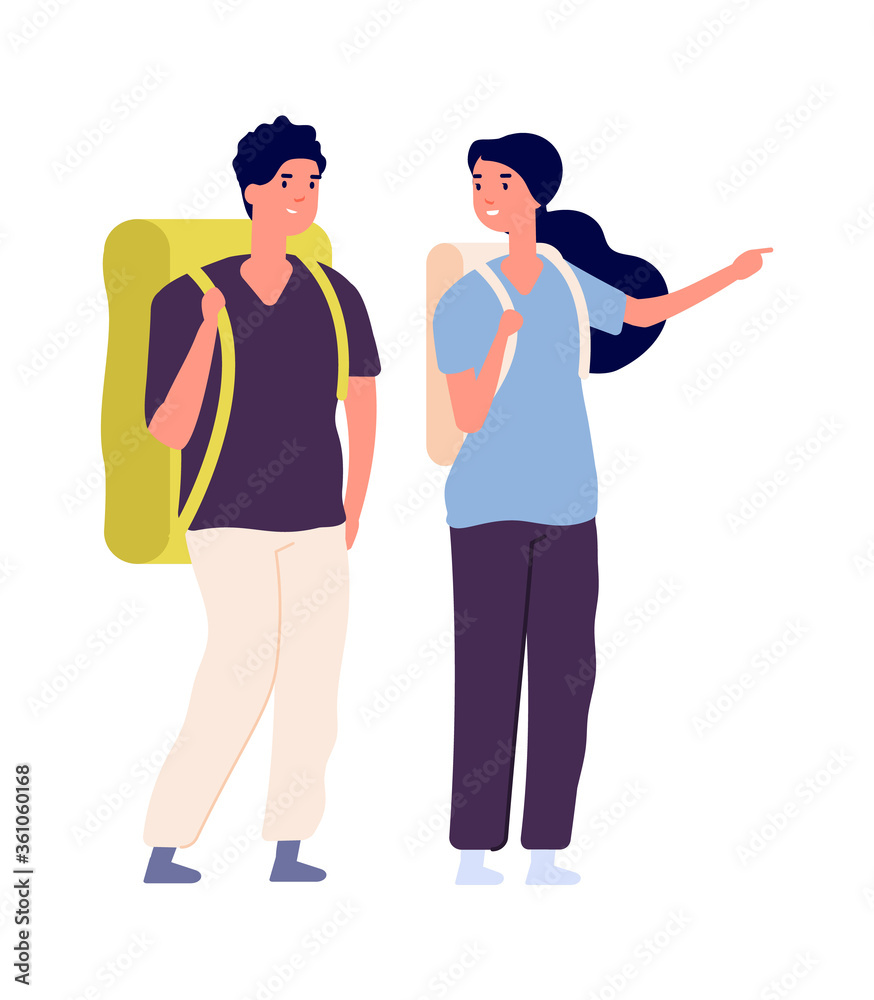 Travellers couple. Man woman travel with backpacks. Isolated happy people find trip, tourists vector characters. Backpacker woman and man, tourism hiking couple, vector illustration