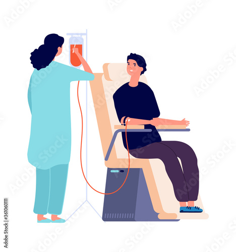 Man donor. Nurse, medical check in blood donation. Health analysis, flat boy in hospital has treatment vector illustration. Medical care and donor donation blood