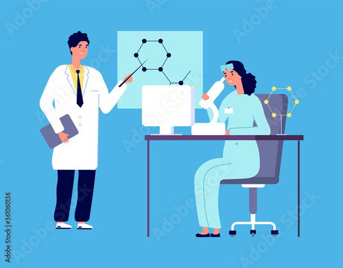 Scientists characters. People in white lab coat, chemical researcher with laboratory clinical equipment. Isolated researcher do research, chemist test. Vector illustration © MicroOne