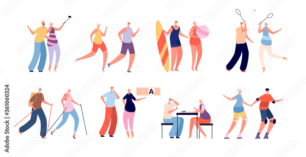Elderly people activities. Seniors sport, healthy active couple. Grandparents lifestyle, old male female run and travel vector illustration. Grandfather couple grandmother, healthy elderly lifestyle