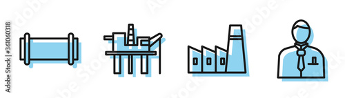 Set line Oil industrial factory building, Industry pipe, Oil platform in the sea and Businessman or stock market trader icon. Vector.