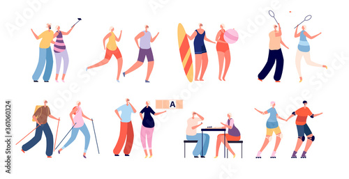 Elderly people activities. Seniors sport, healthy active couple. Grandparents lifestyle, old male female run and travel vector illustration. Grandfather couple grandmother, healthy elderly lifestyle