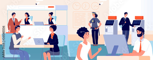 Clients in bank office. Modern finance service department, face id identification. Customers and banking credit managers vector illustration. Office bank department, service finance interior © MicroOne