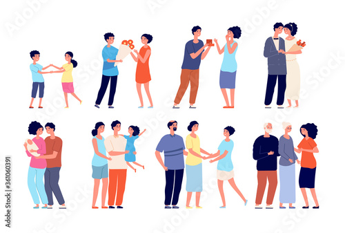 Family stages. Couple with kid, isolated young parents newborn. Flat woman man different ages, daughter birth, wedding vector illustration. Family marriage, couple together with kid