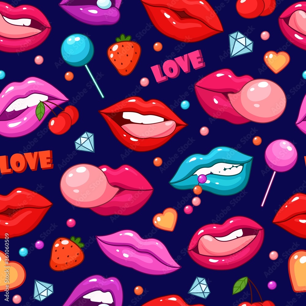 Lips pattern. Fashion pop art style lip, fashionable kiss background. Fun crazy love girly print, colored mouths vector. Glamour kiss and desire, doodle trendy candy and makeup lips illustration