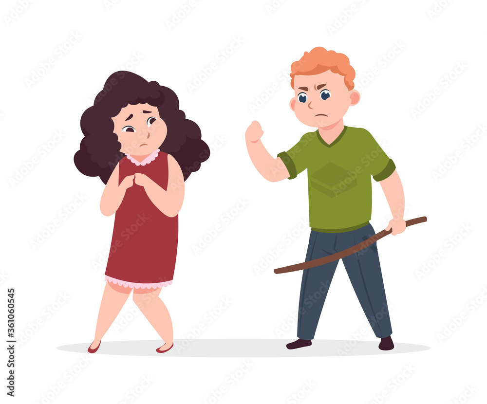 Bullying. Angry boy threatens little girl, frightened child. Aggression and violence, bad cartoon kids behavior vector illustration. Little child boy angry bully girl, bad behavior Bullying. Angry boy threatens little girl, frightened child. Aggression and violence, bad cartoon kids behavior vector illustration. Little child boy angry bully girl, bad behavior