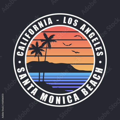 California Santa Monica Beach t-shirt design. Typography graphics for tee shirt with palm trees. Los Angeles county apparel print. Vector illustration.