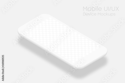 White smartphone mockup with transparent screen. 3d isometric cell phone template with shadow. Smartphone in perspective view. UI design. Vector illustration.