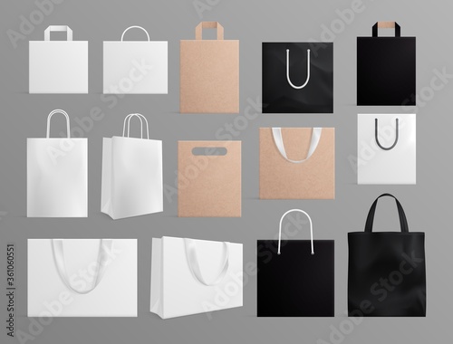 Realistic paper bags. Black white shopping bag mockup, blank fabric and craft handbags. 3d fashion eco packaging for branding vector set. Mockup package, black white and brown pack illustration