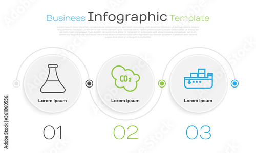 Set line Oil petrol test tube, CO2 emissions in cloud and Oil tanker ship. Business infographic template. Vector.