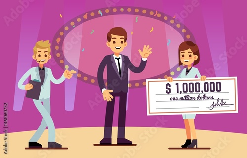 Lottery winner rewarding. Happy man, bank cheque prize. Cartoon lucky guy on stage, cute girl with reward. Quiz or show jackpot win, start up vector. Winner reward lottery prize illustration