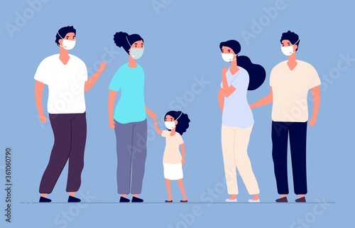 People in protective masks. Dust mask, virus flu family protection. Healthy careful adults and child, friends meeting in danger period. World epidemic prevention vector illustration