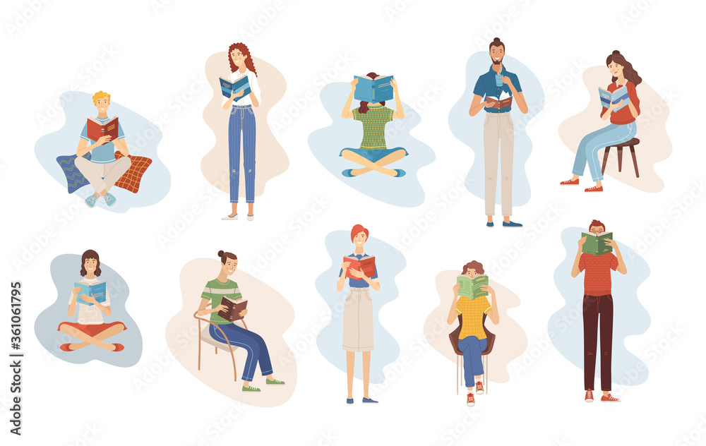 People reading books while sitting or standing