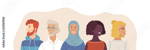 Multicultural smiling adult men and women standing together