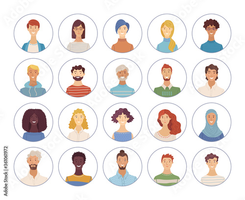 Flat women and men portraits set