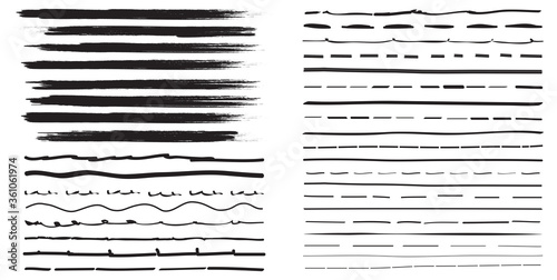 Lines hand drawn paint brush stroke. Vector set isolated on white. Collection of distressed, doodle, pen and pencil lines. Hand drawn scribble. Black border, ink and grunge brush stroke lines, vector
